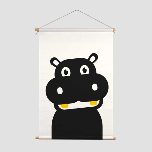 Textielposter zwart-wit print aapje Pie Hippo t'amo nijlpaard zwart wit kraamcadeau jungle decoratie kinderkamer