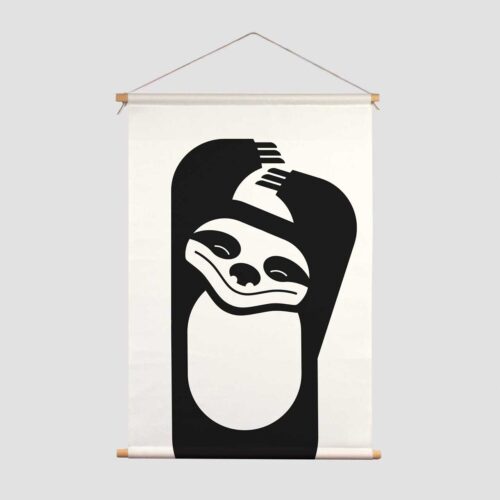 Textielposter zwart-wit print aapje Pie Slothy luiaard zwart wit kraamcadeau jungle decoratie kinderkamer