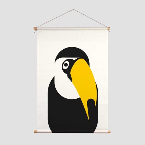Textielposter zwart-wit print aapje Pie TuCan zwart wit kraamcadeau jungle decoratie kinderkamer